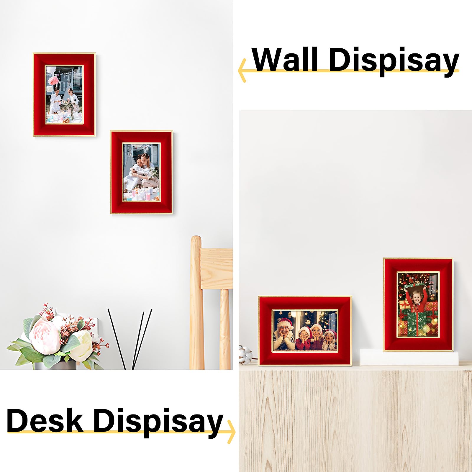 KSROECUD 4x6 Velvet Picture Frame, Red Photo Frames with Modern Simple Metallic Gold Border, HD Real Glass Horizontal & Vertical